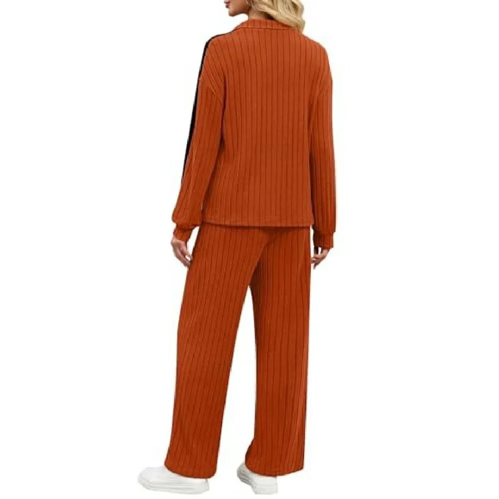 Ribbed Knit Lounge Set Half Zip Sweatshirt Wide Leg Joggers